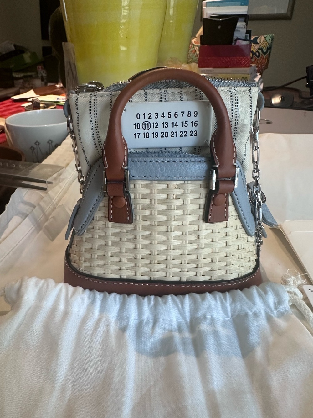 Maison Martin Margiela Cream Woven Mini Bag with Brown Handles and Blue Trim